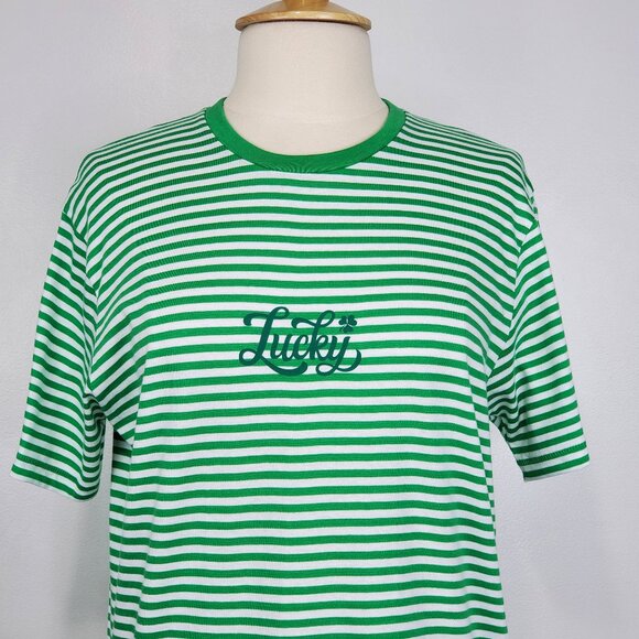 Denim & Flower Cotton Green White Striped "Lucky" St. Patrick's Day Top Size M - Picture 2 of 16